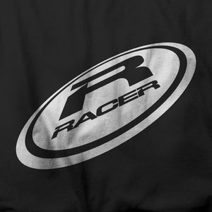 "Flying Disk" White RACER Logo - Short Sleeve Black Hanes Beefy T