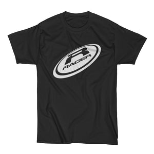 "Flying Disk" White RACER Logo - Short Sleeve Black Hanes Beefy T